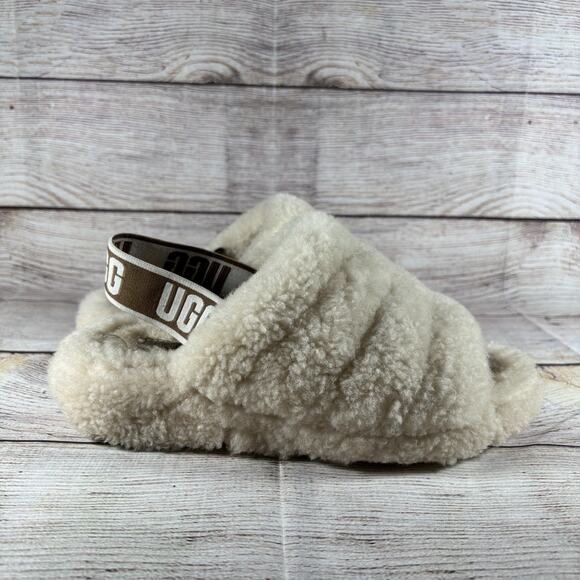 UGG Fluff Yeah Womens Size 6 Slide Sandals Slingback Slippers Cream Sheepskin - Picture 7 of 10